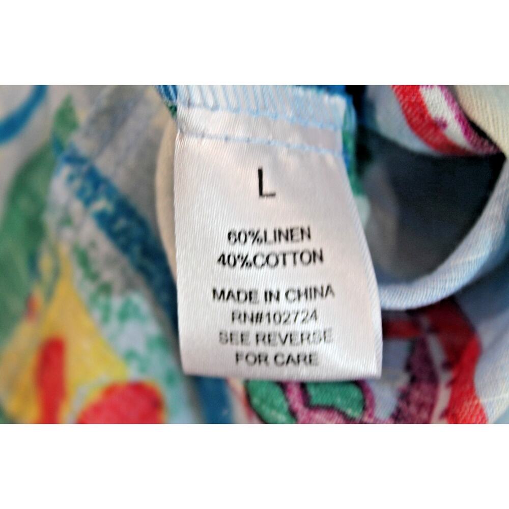 Hester Orchard Linen Blend Top Womens size L Blue Floral Topical Summer Blouse - Picture 7 of 10